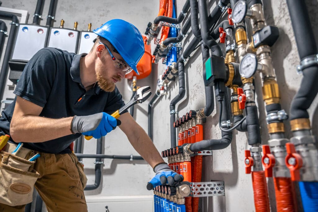 Plumber fixing industrial pipes with wrench and helmet.