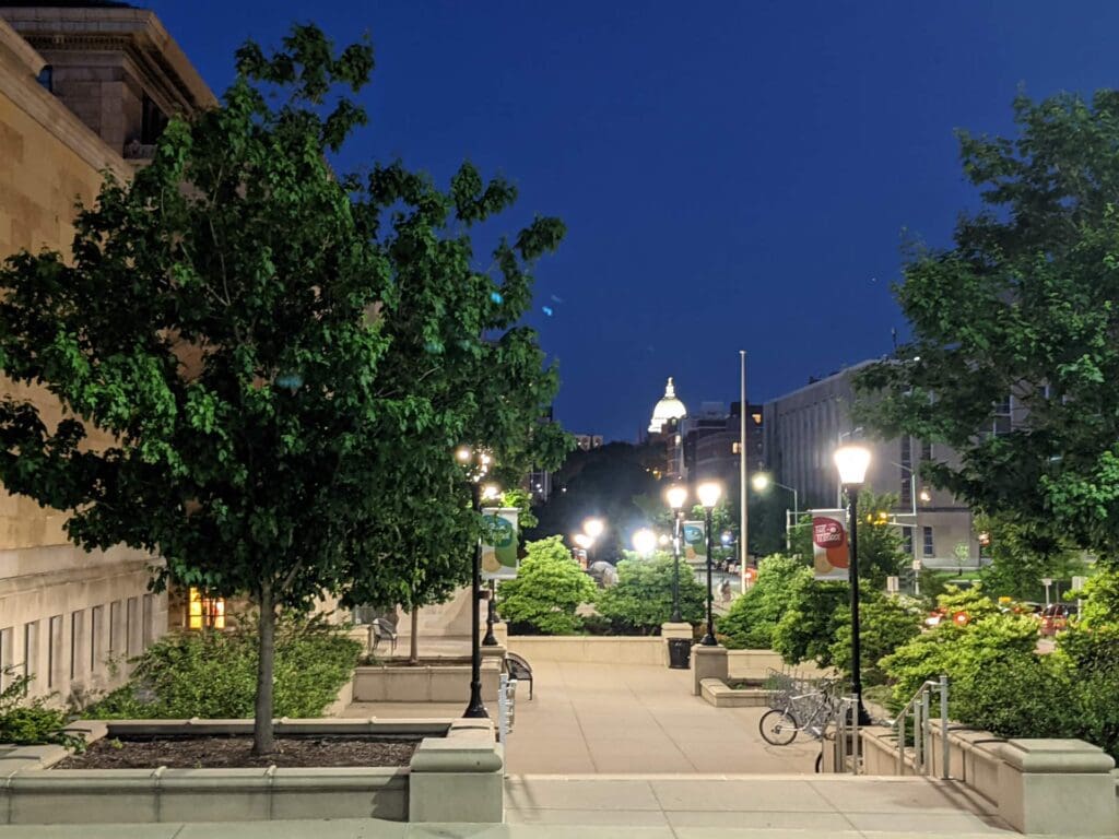 Capitol building view from a tree-lined street at night.