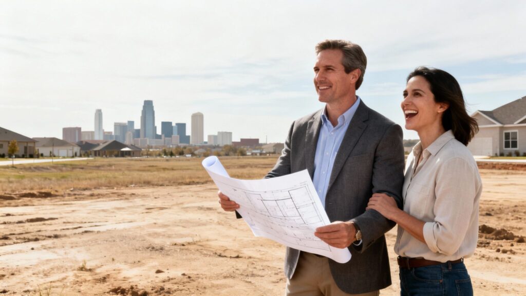 Couple with blueprint at construction site downtown skyline.